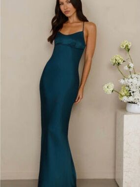 Hello Molly Teal Satin Slip Maxi Dress